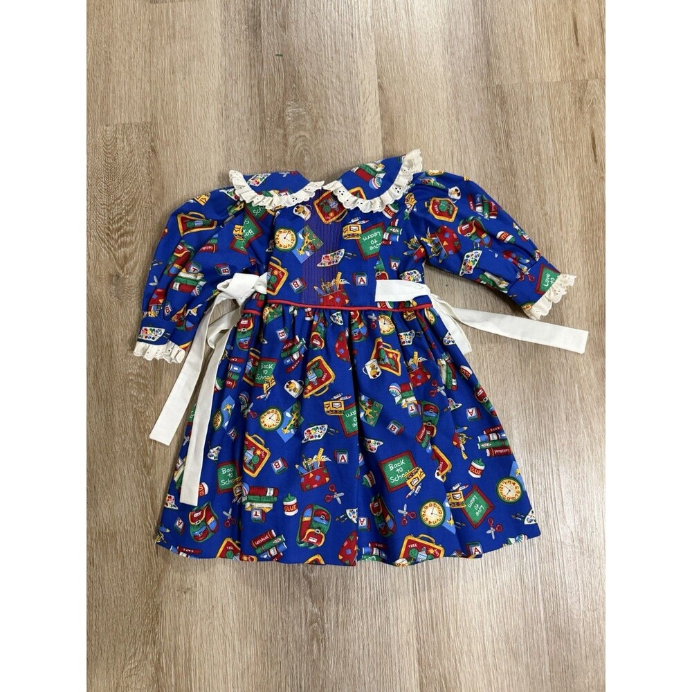 Vintage Handmade School Dress Girls Collared Side Bows No Size Blue Art Supplies